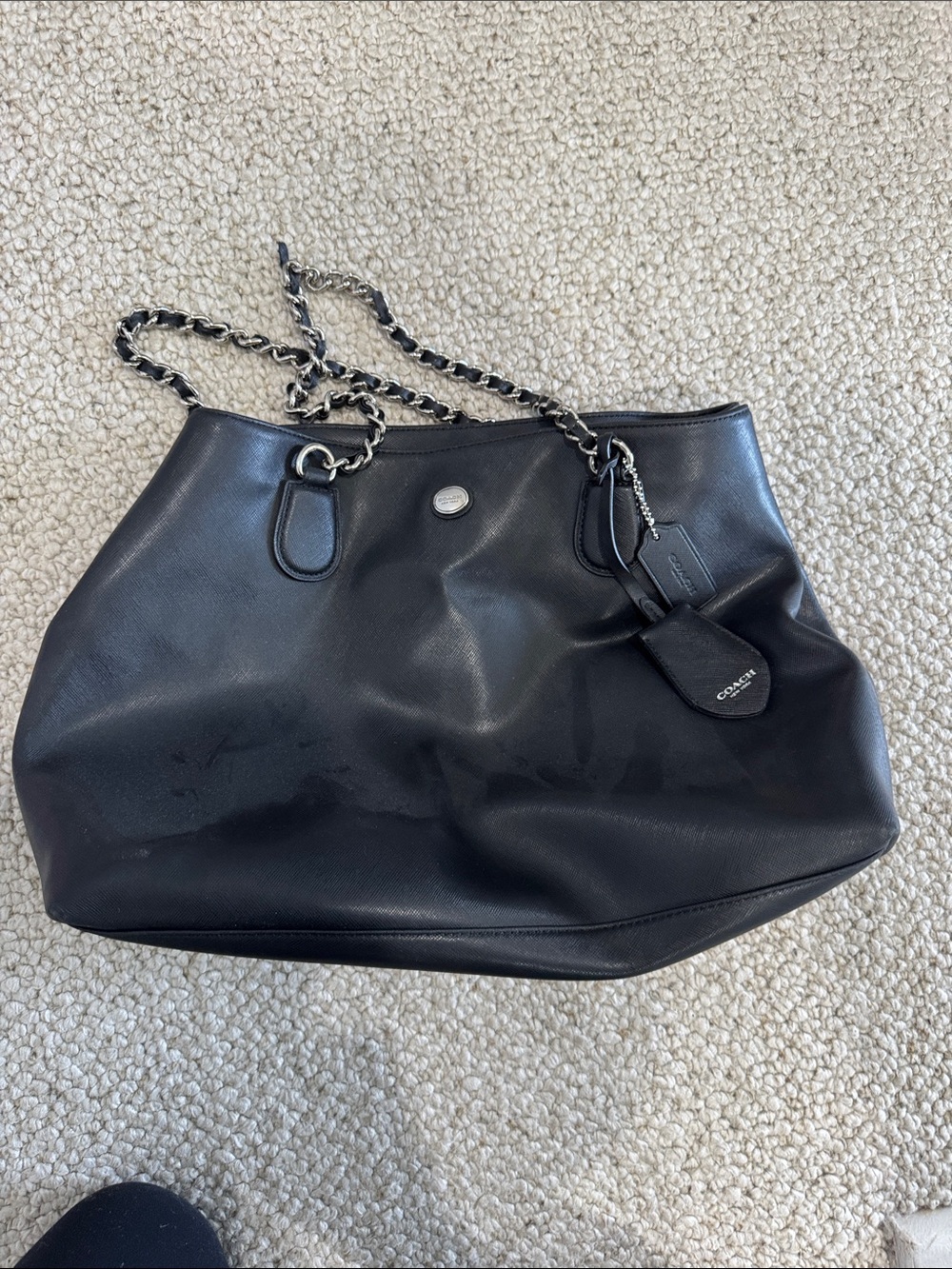 Coach Black Leather Chain-Handle Shoulder Tote